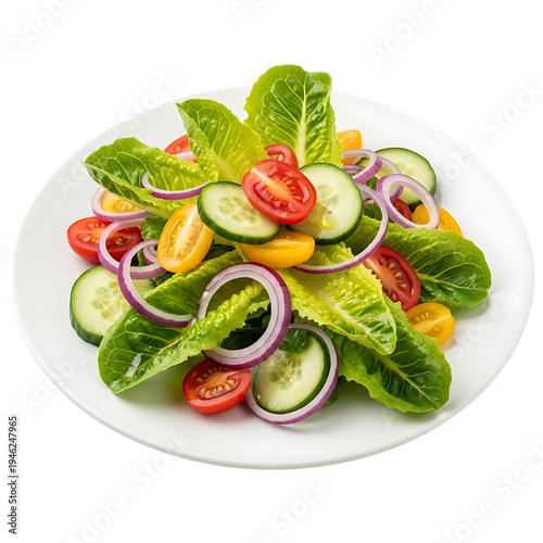 Vibrant Fresh Garden Salad with Romaine Lettuce, Tomatoes, Cucumber, and Red Onion on White Plate