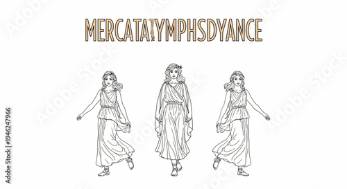 Elegant Line Art Illustration of Dancing Mythological Nymphs in Flowing Classical Gowns