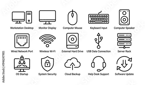Computer hardware and networking icons set for digital devices and it systems