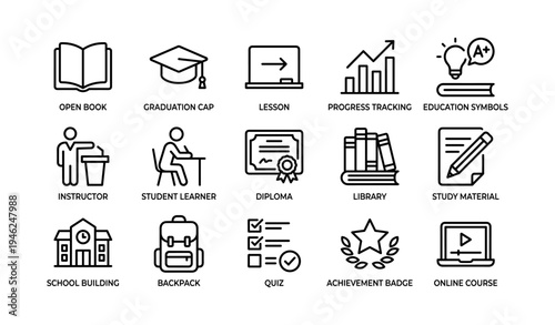 Education icons set: study materials, graduation, learning tools, online courses, student resources