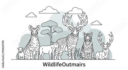 Monochromatic wild animals line art illustration with diverse deer, zebra-like creatures, and a savannah landscape in minimalist vector style