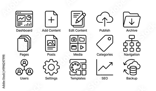 Website management icons: dashboard, content, publish, archive, seo, backup
