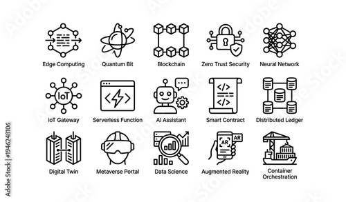 Innovative technology icons: ai, blockchain, quantum computing, iot, metaverse, augmented reality