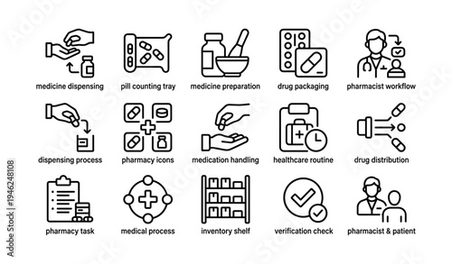 Pharmacy icons set: medicine dispensing, pill counting, and healthcare workflow illustrations