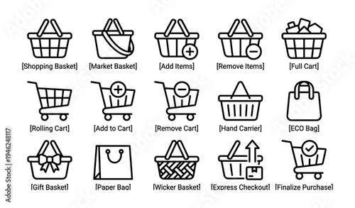 Set of shopping basket and cart icons for various retail needs