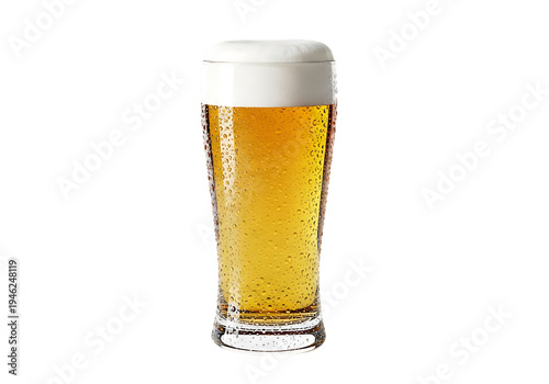 Refreshing Cold Lager Beer Glass with Condensation and Frothy Head Isolated on White