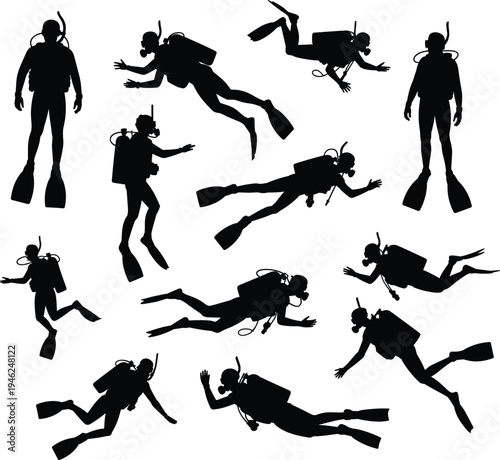 Scuba diving silhouettes set, underwater diver poses collection with oxygen tank and fins, marine adventure activity isolated black illustration