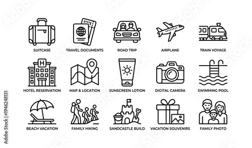 Travel and vacation icons: transportation, accommodation, recreation, family activities