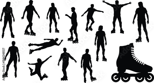 Roller skating silhouettes collection, inline skater action poses set, recreational street sport activity isolated black silhouette illustration