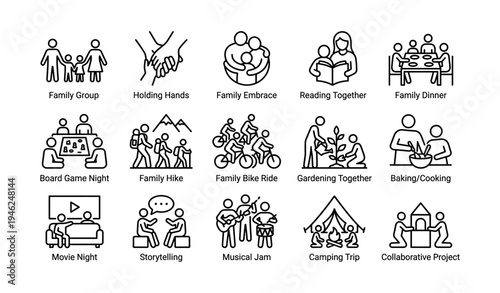 Illustrated icons of family activities and group interactions