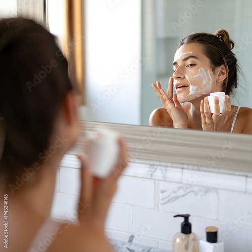 Woman Applying Facial Cleanser in Bathroom Mirror