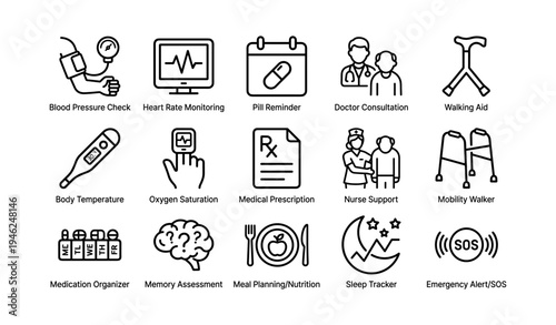 Healthcare symbols: monitoring, support, and safety icons for medical assistance