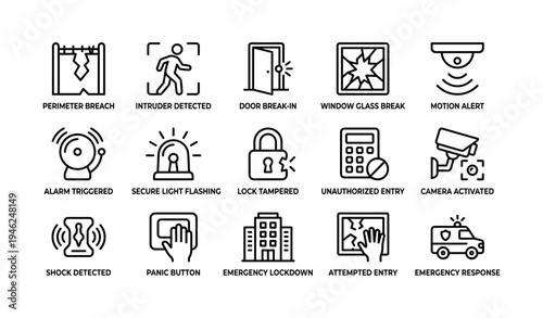 Security system icons: intrusion detection, camera surveillance, alarm activation