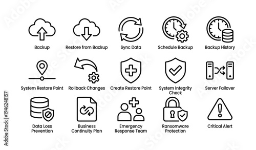 Data protection icons: backup, restore, sync, system check, security