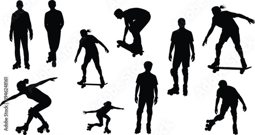 Roller skating and skateboarding silhouettes set, extreme sport action poses collection, youth street activity isolated black silhouette illustration