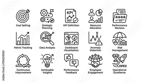 Business management and analysis icons for strategic planning and performance