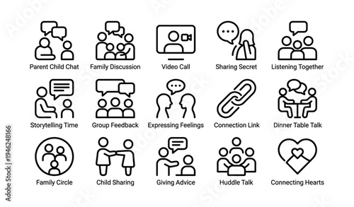 Icons depicting family communication through conversations and activities
