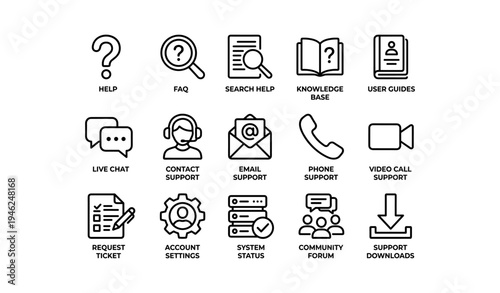 Comprehensive support icons for help desk and customer assistance