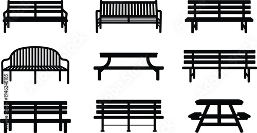 Park bench silhouettes collection, outdoor garden seating furniture set, public park benches and picnic table isolated black vector illustration