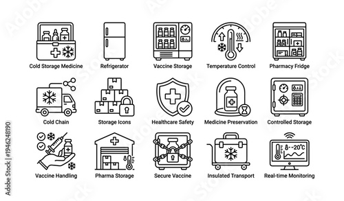 Cold storage solutions for vaccine and medicine preservation icons