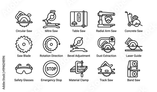 Assorted saw tools and accessories icons: circular, mitre, table, radial, concrete