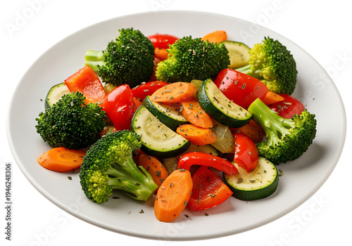Healthy steamed mixed vegetables with herbs and spices on a white plate.