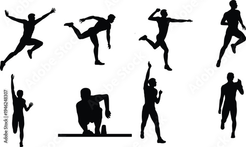 Running athlete silhouettes set, sprinter action poses collection, male runner jumping sprint training fitness sport isolated black silhouette illustration