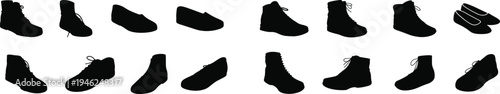 Shoe silhouettes collection, casual and sport footwear icons set, fashion sneakers boots outline, apparel footwear illustration isolated