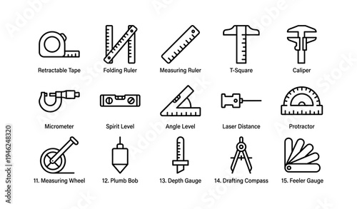 Set of 15 precision measuring tools including tape, caliper, ruler