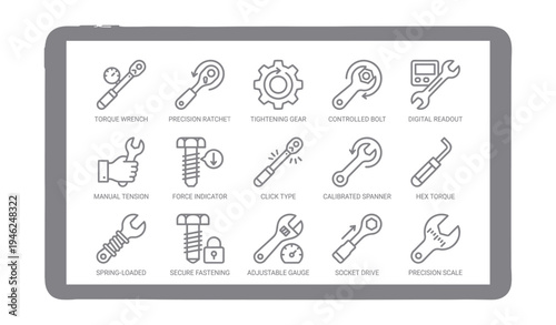 Set of mechanical tools icons including torque wrench and precision ratchet