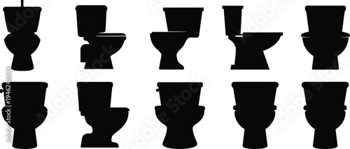 Toilet silhouettes collection, bathroom sanitary equipment icons set, WC bowl shapes, plumbing fixture illustration, restroom hygiene symbol isolated