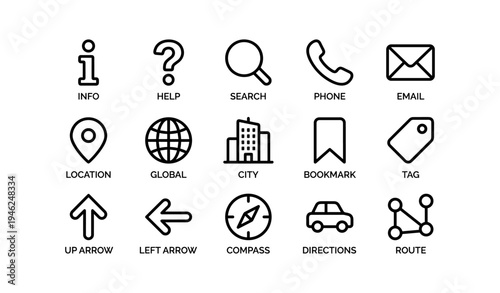 Minimalist icon set: information search communication navigation symbols