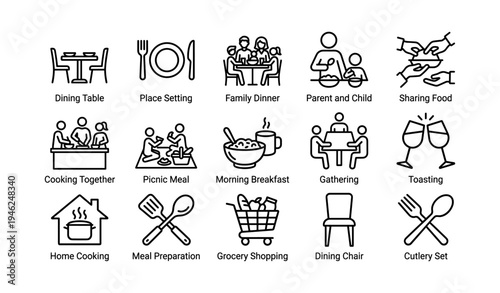 Dining icons: family meals, cooking, and social gatherings