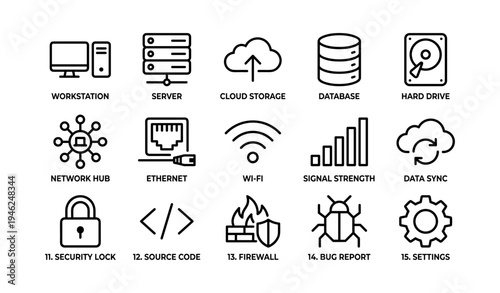 Technology icons: workstation, server, cloud, database, security, and more