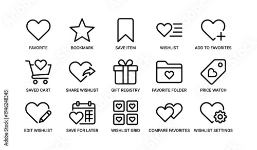 Set of minimalist wishlist and favorites icons for e-commerce and shopping