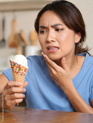 Woman Experiencing Tooth Pain While Holding Ice Cream Cone