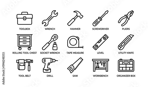 Essential hand tools icons: toolbox, wrench, hammer, screwdriver, pliers, drill, saw, level