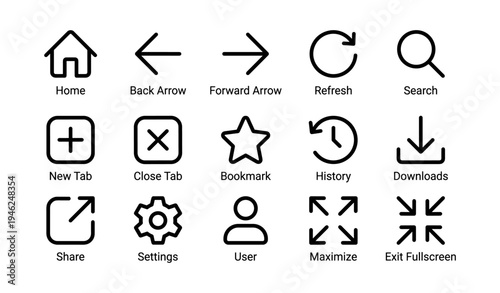 Clear user interface icons for navigation and settings with arrows and symbols