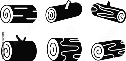 wood log silhouette set, tree trunk timber collection, black wooden log shapes, forest lumber icons, isolated vector illustration