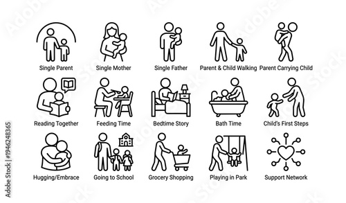 Illustrated icons of parenting activities and childcare scenarios