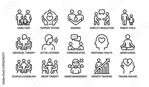 Icons depicting family support, therapy, and emotional health concepts