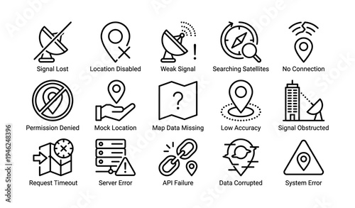 Satellite signal issues and gps errors icons set