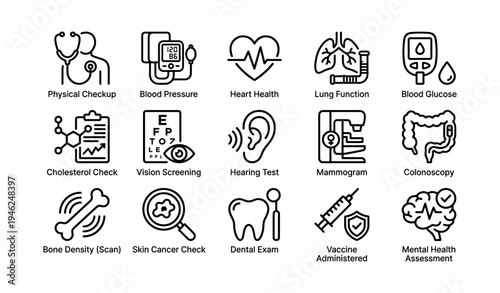 Comprehensive health checkup icons for medical assessment and diagnosis
