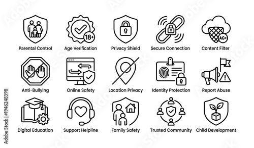 Icons representing online safety and privacy shield features for digital security and child protection