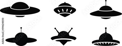 UFO flying saucer silhouettes collection, alien spaceship spacecraft unidentified flying object sci fi vector illustration set isolated design elements