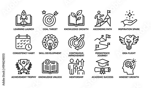 Icons illustrating personal development and achievement themes
