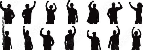 Raised fist protest silhouettes collection, people power gesture activism protest crowd revolution freedom movement vector illustration set isolated