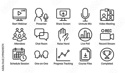 Webinar and video meeting icons: microphone, screen share, attendees, poll, session