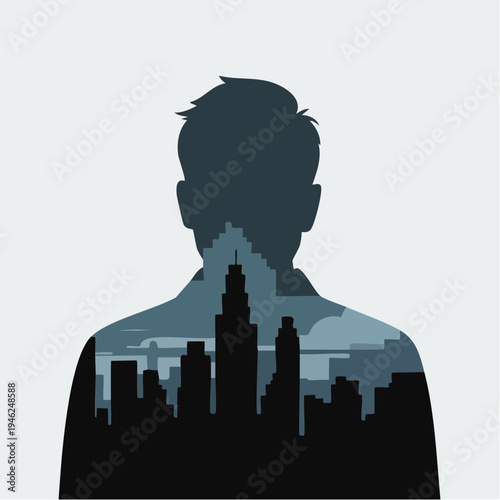 cityscape silhouette illustration with man's head and shoulders