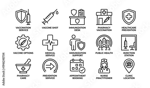 Healthcare and immunization icons for vaccination services and medical support